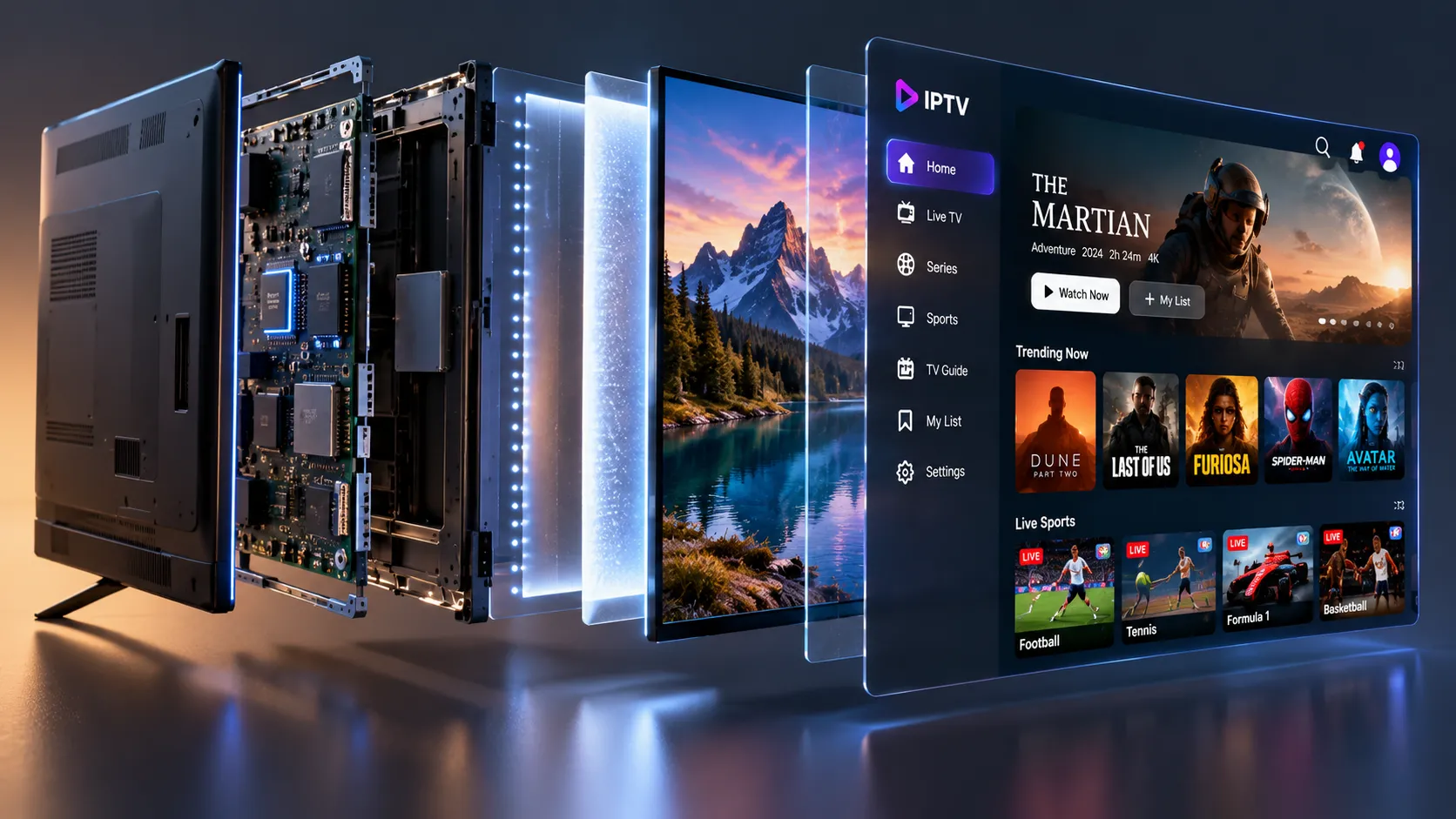 TiviMate IPTV player showing a full Electronic Programme Guide grid with channel listings and programme times