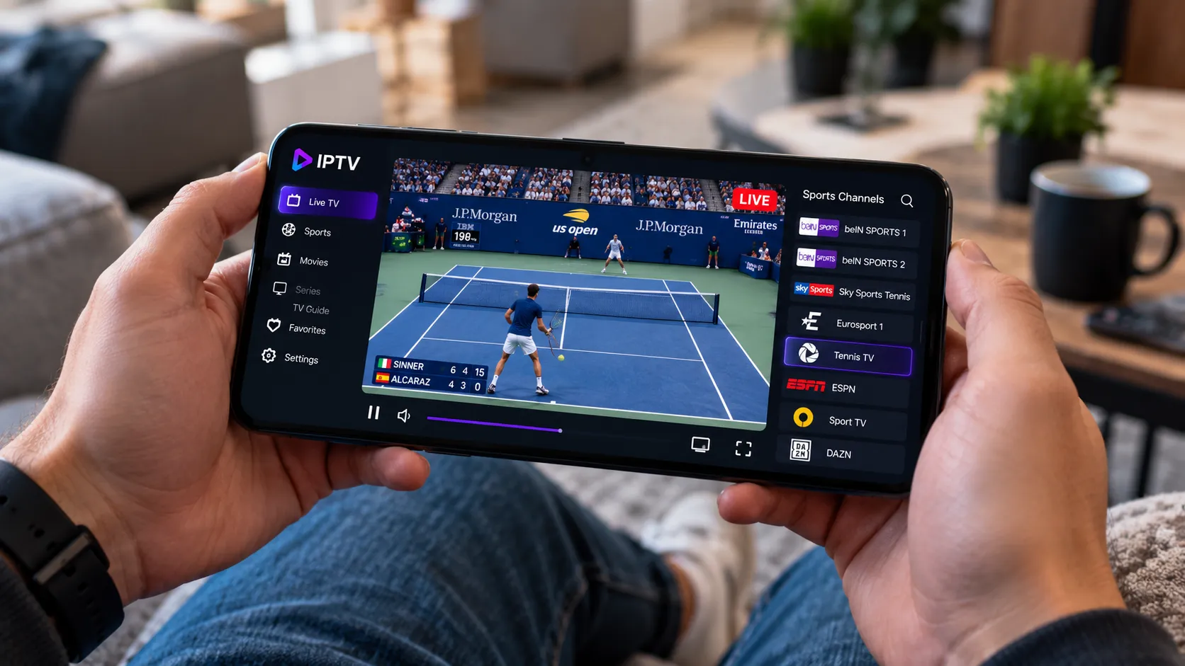 IPTV EPG guide showing live sport channel schedule including Premier League football and NFL on a Smart TV