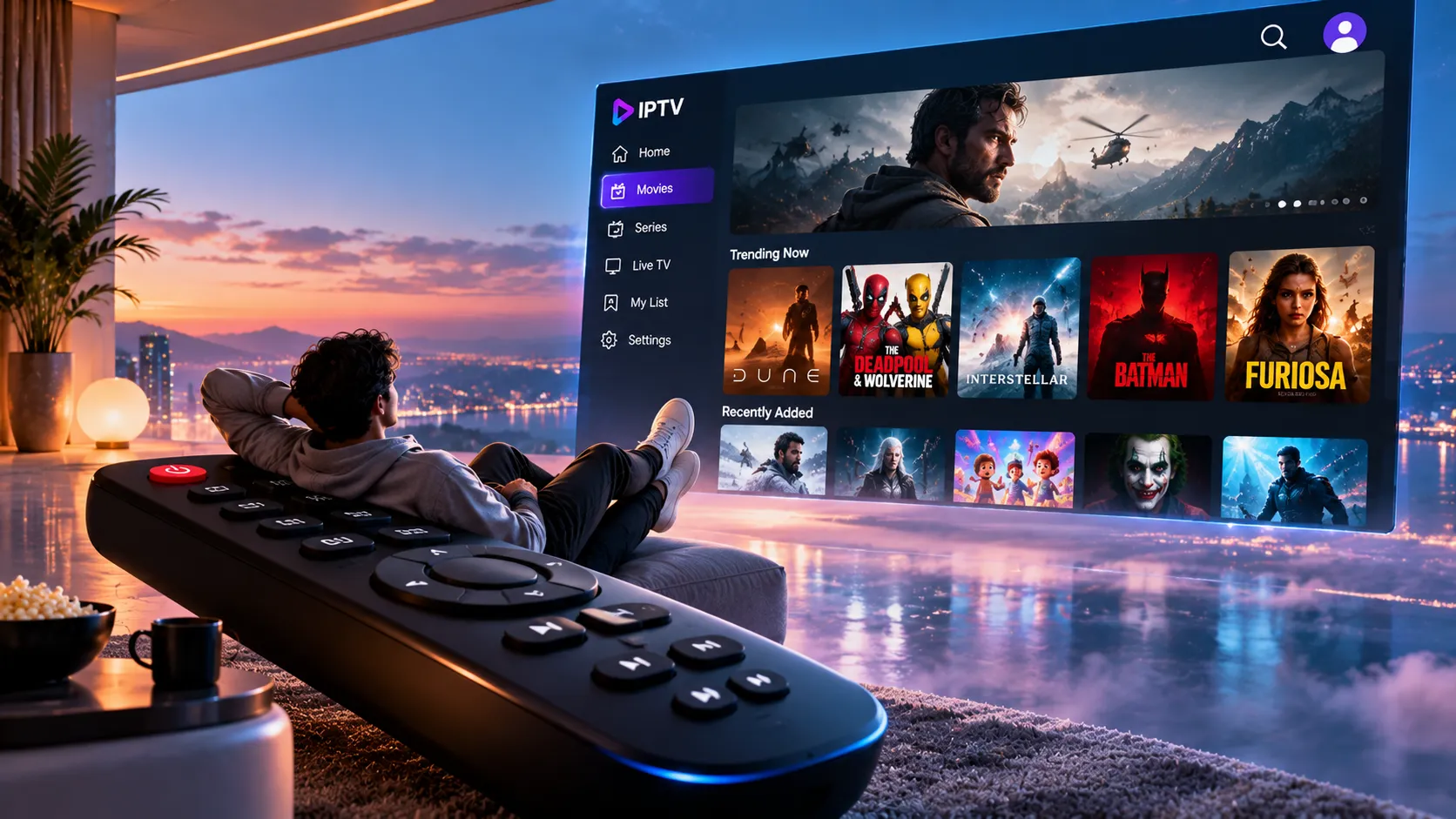IPTV player app being configured on a Smart TV showing the channel loading screen and EPG guide