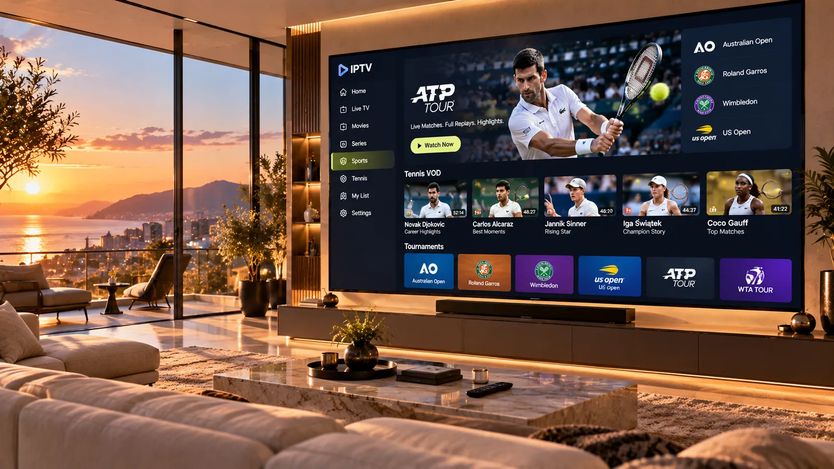 Person evaluating IPTV stream quality on a Fire TV Stick during a live sports broadcast on a television