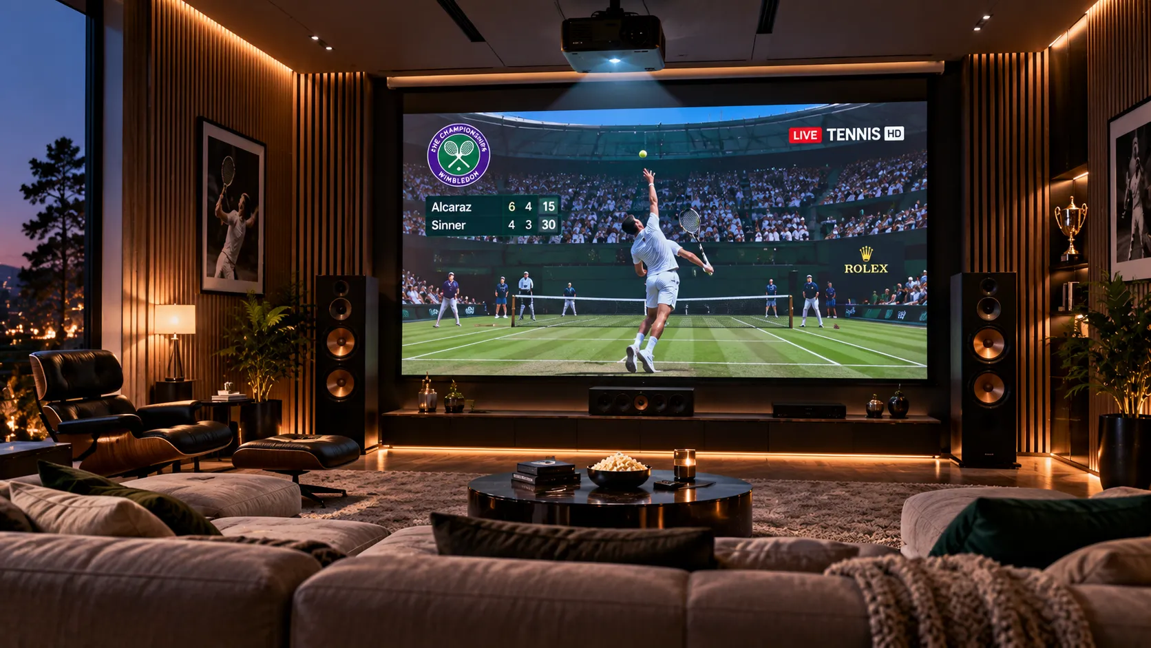 Premium IPTV subscription interface showing live sports and entertainment on a modern 4K Smart TV